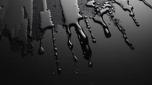 Photorealistic black liquid drips on reflective surface study.
