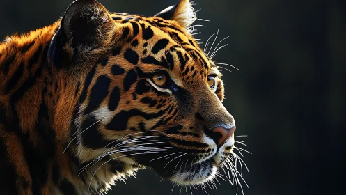 Tiger head profile against dark background.