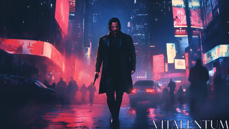 Lone gunman strides through neon-soaked rainy city streets.