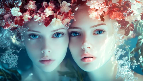 Submerged twin portraits merge florals, bubbles, and aqua light