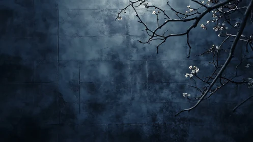 Dark minimalist wall with blooming branches in moody lighting.