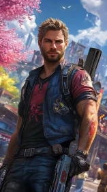 Armed male figure stands in futuristic urban street environment