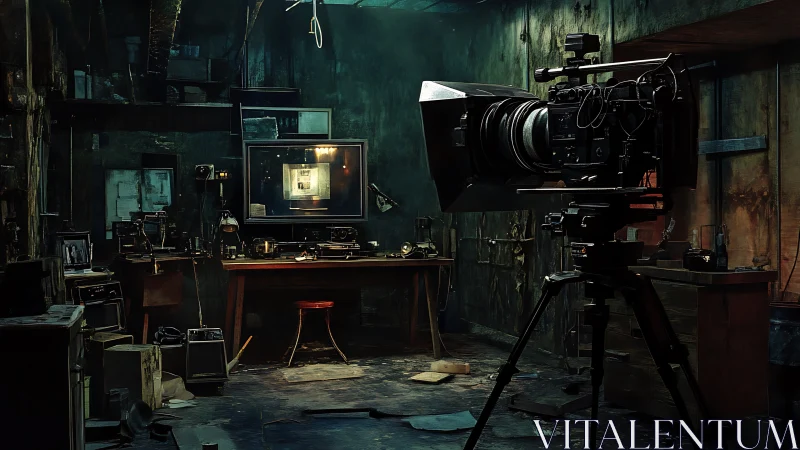 Large film camera in dim workshop interior environment.