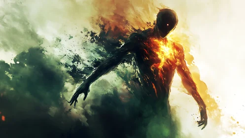 Fiery shadow figure strides through swirling light and smoke