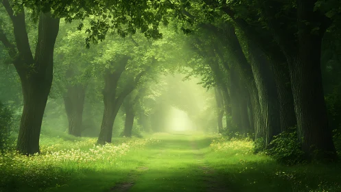 Luminous forest corridor with towering trees and dappled morning light breakthrough.