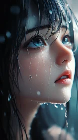 Rainlit girl with crystal tears and ocean-bright eyes.