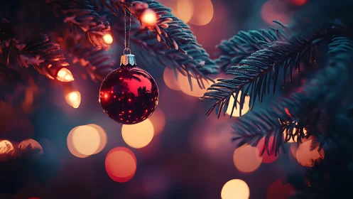 Macro red ornament on frosted fir with warm bokeh lights
