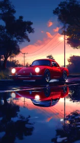 Retro red coupé under dusk powerlines with mirrored roadway.