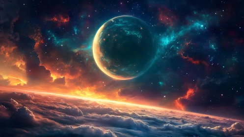 Orbital dawn drapes a newborn world in burning nebulae