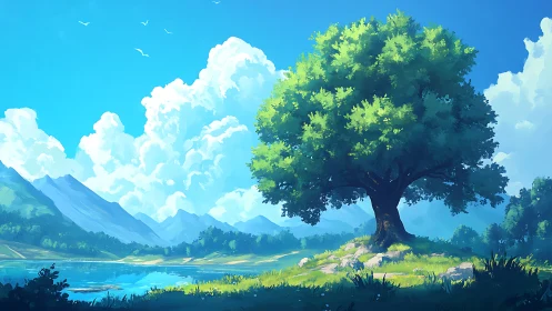 Large lone tree beside bright lake under vivid sky.