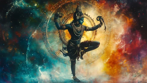 Cosmic dance deity framed by radiative mandala halo field.