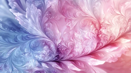 Fractal feather forms in blended blue and pink gradient field.