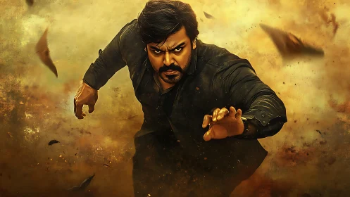 Man in dark clothing moving forward through dusty debris.