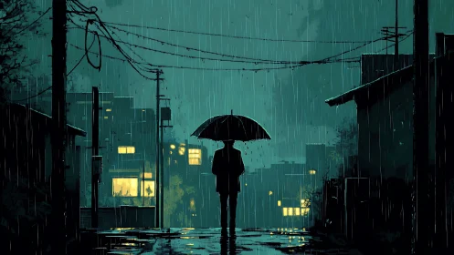 Silhouetted figure holds umbrella on rainy urban street