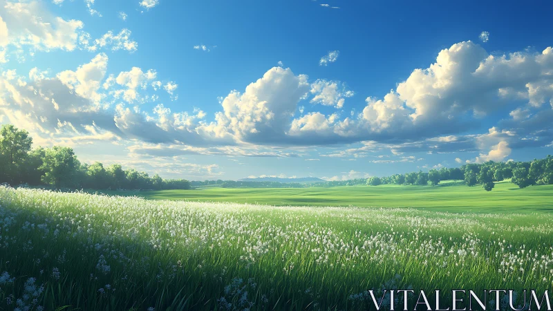 Sunlit wildflower meadow under expansive summer sky.