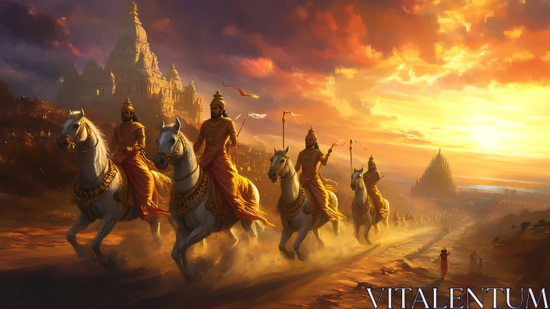 Sunlit warrior cavalcade racing from golden temple realms.