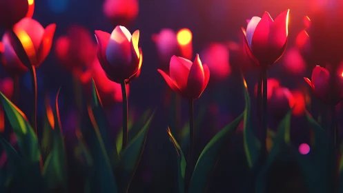 Red tulips with luminous petals backlit against dark blurred background