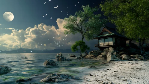 Moonlit Sanctuary: Where Eastern Pavilion Meets Serene Waters