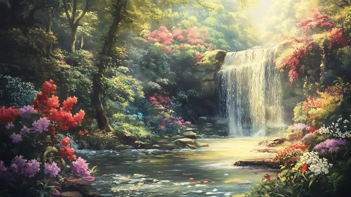 Sunlit forest waterfall pours into flower framed pool