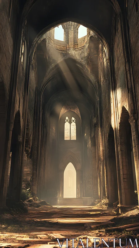 Gothic ruin interior with volumetric light and axial depth study.