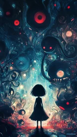 Girl of inked starlight meets whispering neon monsters.