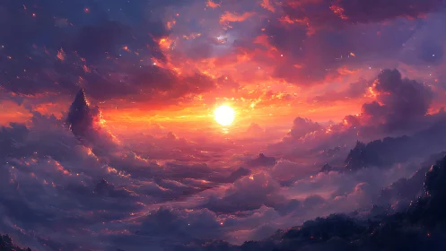 Vivid fantasy sunrise above clouds and distant peaks.