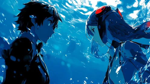 Two submerged silhouettes trade silent vows in sapphire water