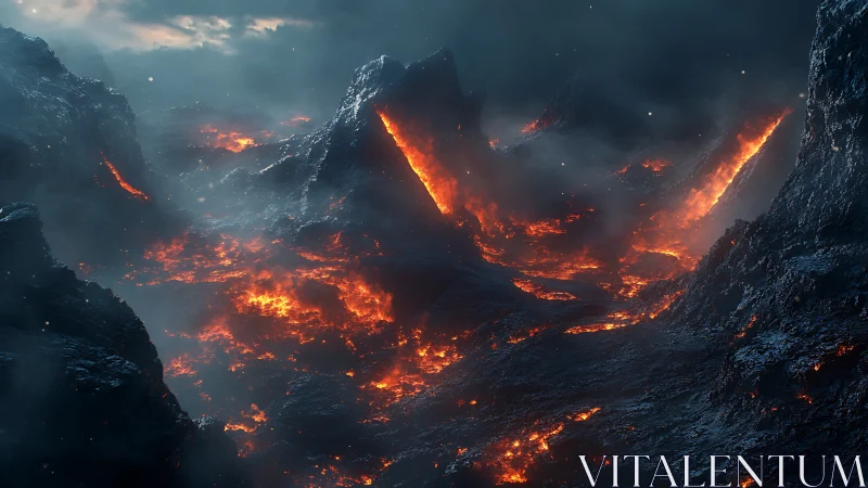 Volcanic Canyon Eruption with Lava Flow and Molten Landscape.