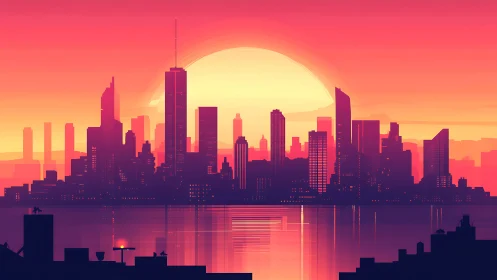 Neon sunset skyline reflects over calm futuristic harbor.