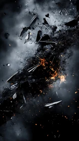 Shattered metal shards erupting through smoky darkness.