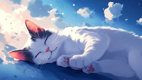 Fluffy White Cat Naps Among Cloud Skies.