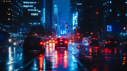 Rain-slick neon boulevard hums with midnight city traffic.