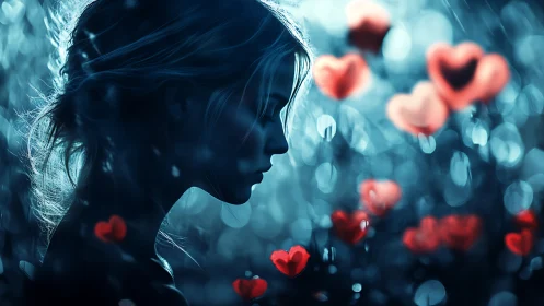 Silhouetted profile with glowing heart bokeh elements.
