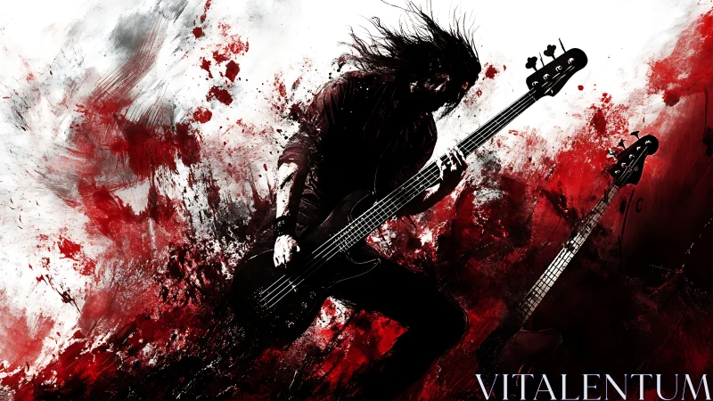 Silhouetted electric bassist against abstract red splashes.