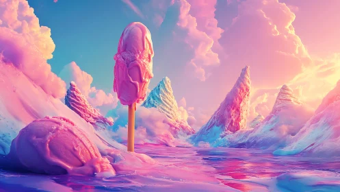 Pink ice cream landscape with surreal melting mountains.