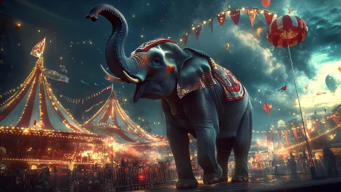 Midnight circus elephant under glowing carnival skies.