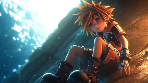 Gentle hero rests by glowing water in a quiet moment.