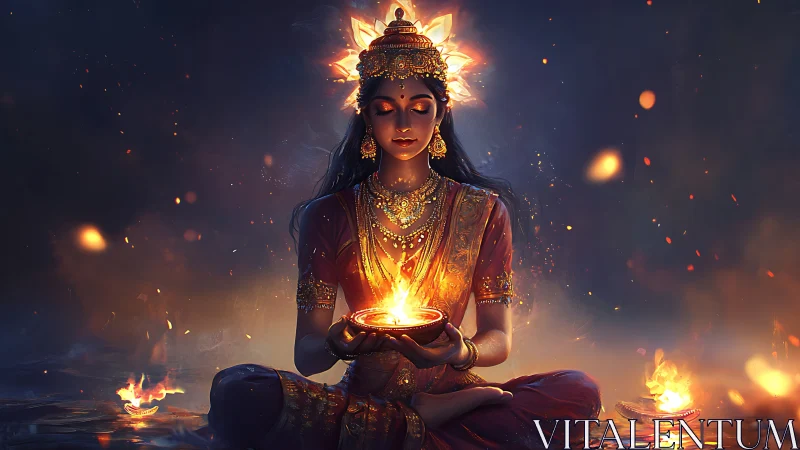 Divine fire meditation goddess in glowing ceremonial attire.