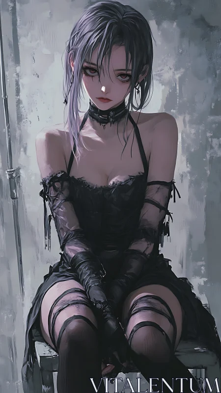 Brooding goth siren in tattered lace and silver shadows.