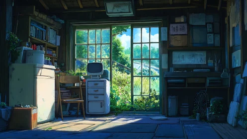 Sunlit rural studio interior frames lush summer garden