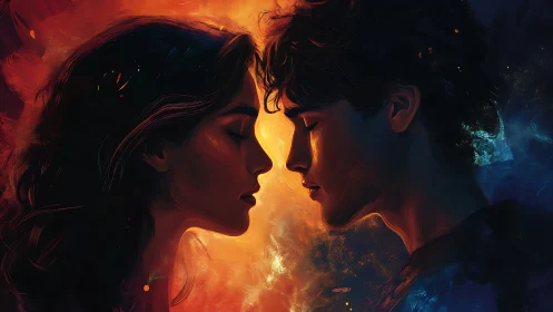 Two silhouetted profiles merging in luminous fire with contrasting cool-blue ambient tones.