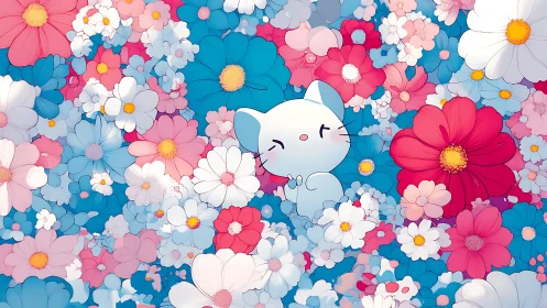 Cute white cartoon cat surrounded by dense pastel flowers.