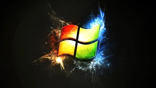 Glowing window emblem bursts with colorful digital energy.