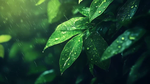 Rain-kissed jungle leaves glowing in emerald hush.