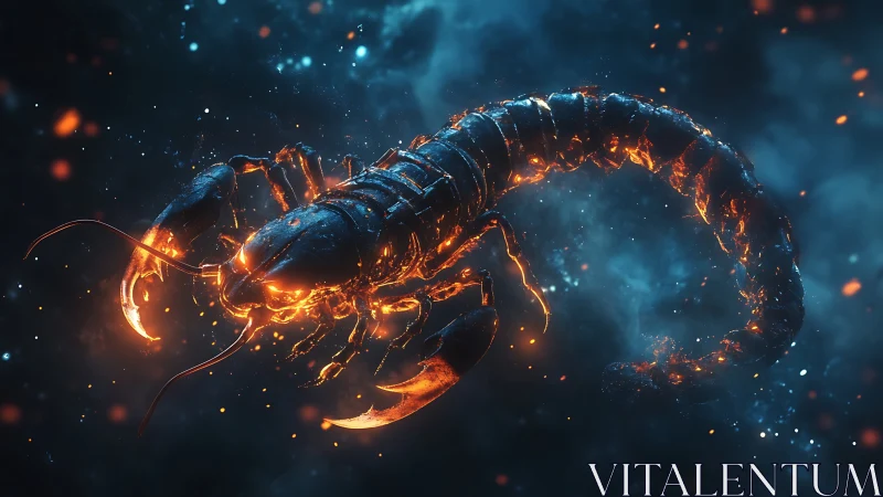 Luminous scorpion render shows segmented body in space-like fog