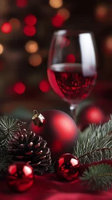 Red wine glass with ornaments and pine branches on table.