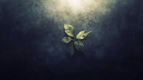 Solitary green sprig quietly negotiates with the darkness