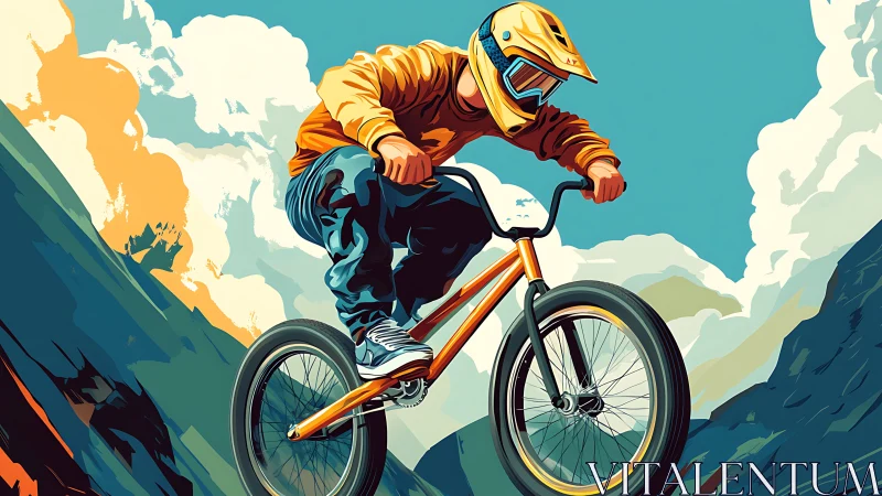 Mountain biker leaping through stylized teal canyon sky.