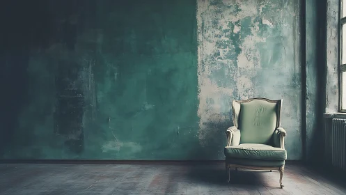 Vintage armchair against distressed teal interior wall.