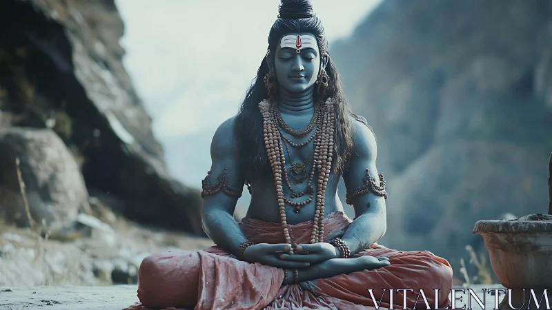 Meditating blue-skinned ascetic figure in detailed Himalayan landscape